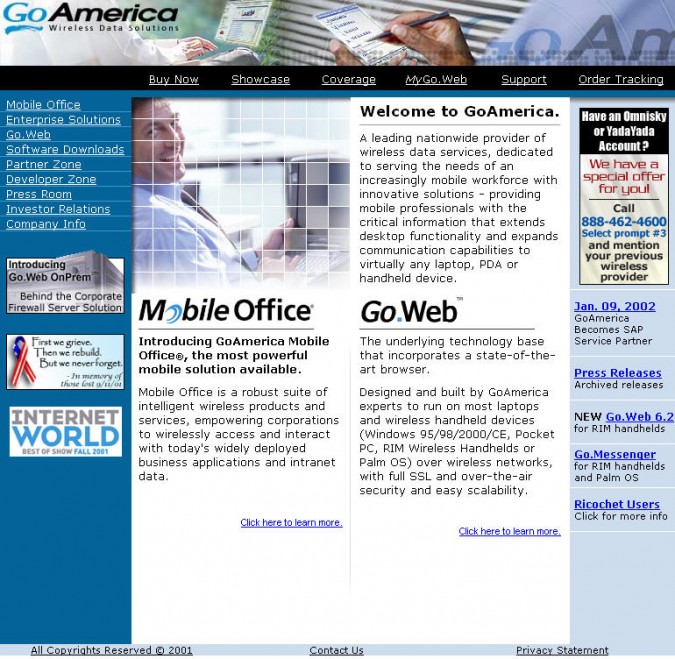 GoAmerica home page, January 2002, via WayBackMachine.org
