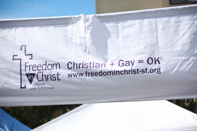 Sign over booth for Freedominchrist-sf.org at the San Francisco Folsom Street Fair, September 23, 2012. 