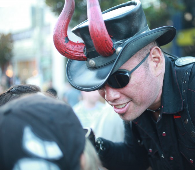 Man with horns on his hat at the San Francisco Folsom Street Fair, September 23, 2012. 