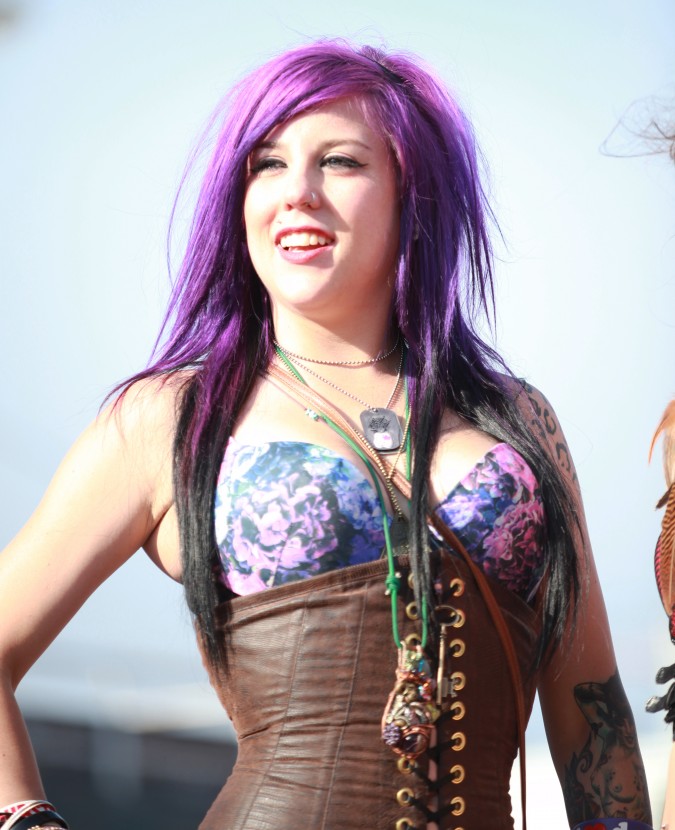 Woman with purple hair at the San Francisco Folsom Street Fair, September 23, 2012. 