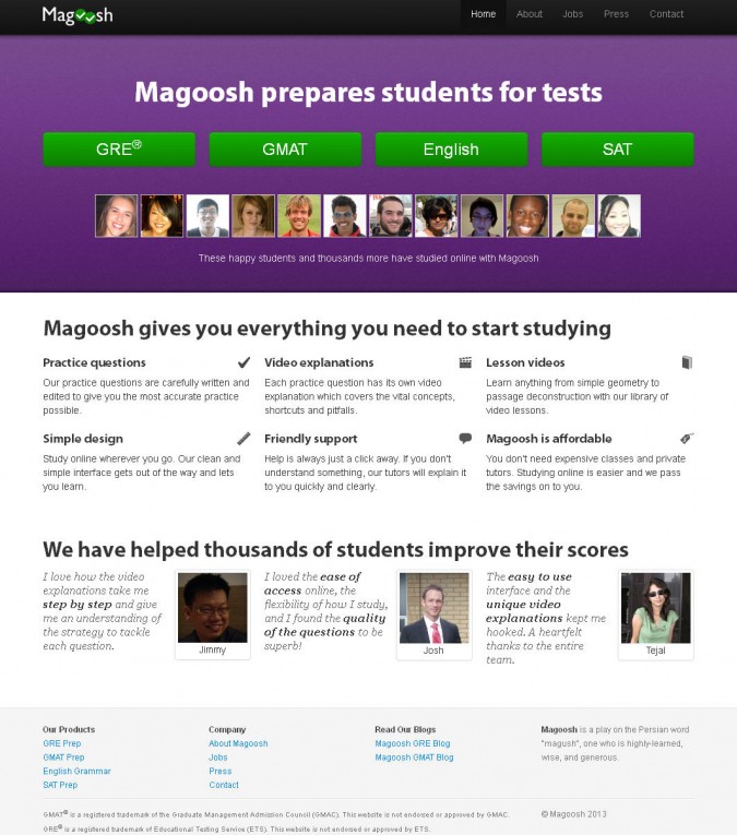 Magoosh.com website home page screen capture March 18 2013