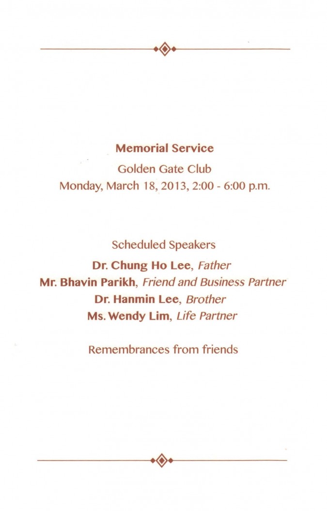 Program for the memorial service for Hansoo Lee, March 18, 2013, Golden Gate Club, page 3