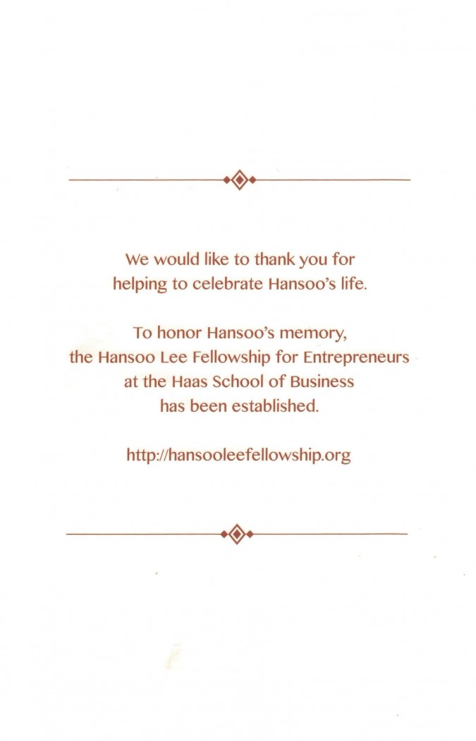 Program for the memorial service for Hansoo Lee, March 18, 2013, Golden Gate Club, page 4