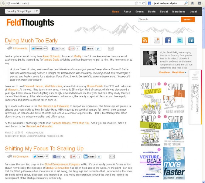 Screen capture of http://www.feld.dot com, March 21, 2013. Article "Dying Much Too Early" by Brad Feld.