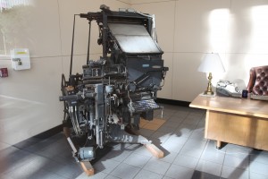 Old LinoType typesetter, in the lobby of the San Francisco Chronicle newspaper, 5th Street, San Francisco, California, December 6, 2010