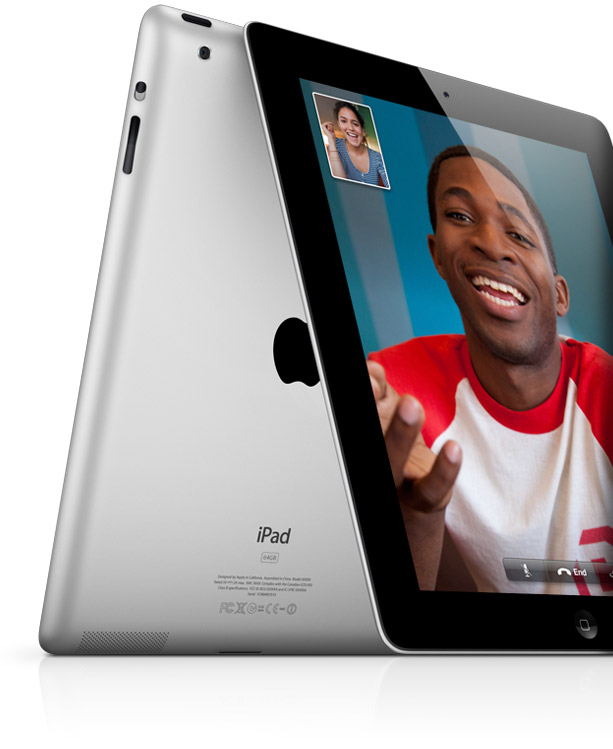 A promotional image of two iPad 2 tablets leaning against one another, with the foreground iPad showing an ongoing FaceTime video call.